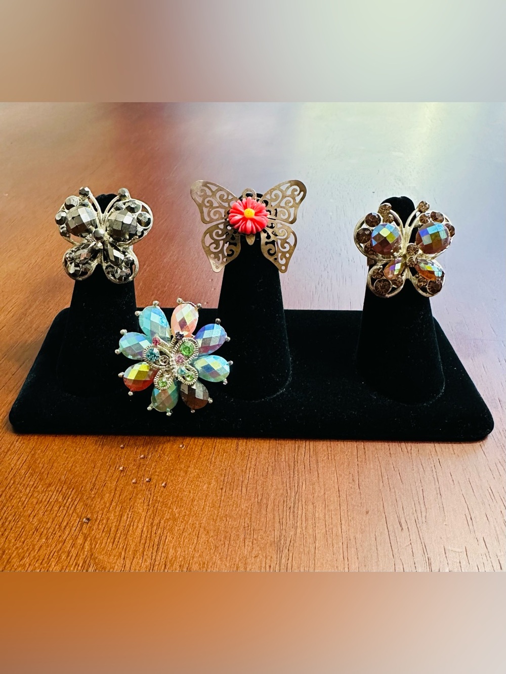 Set of 4 Vintage Multicolor Butterfly Statement Rings with Adjustable Band